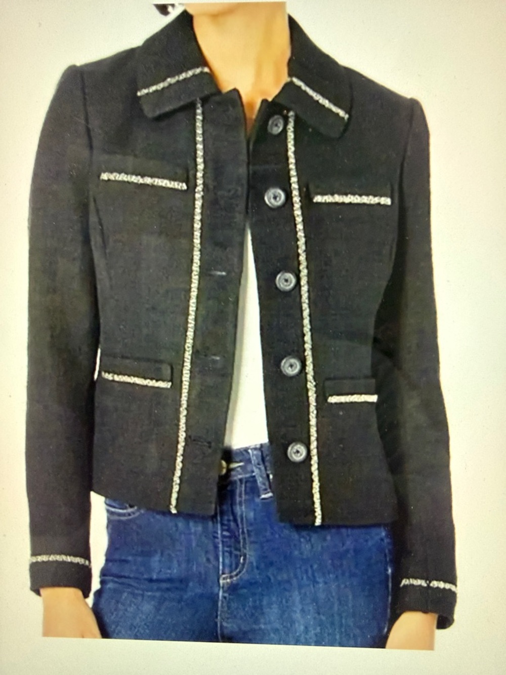 Karl Lagerfeld Black Tweed Button-Front Blazer with Contrast Trim